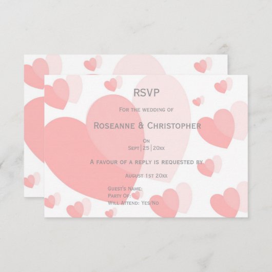 Cartons Réponse Mariage de conception Coeurs de couleur rose (Devant / Derrière)