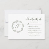 Cartons Réponse Mariage de couronne vert olive monogramme (Devant)