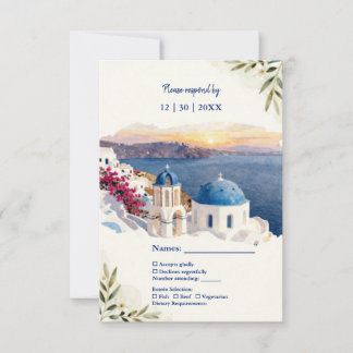 Cartons Réponse Mariage de destination à Santorin bleu aquarelle