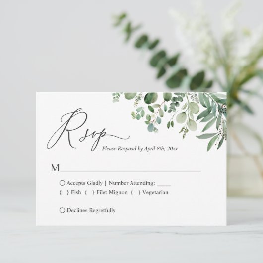 Cartons Réponse Mariage de feuillage Eucalyptus à script simple (Debout devant)
