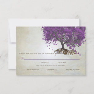 Cartons Réponse Mariage de feuilles de coeur violet invite