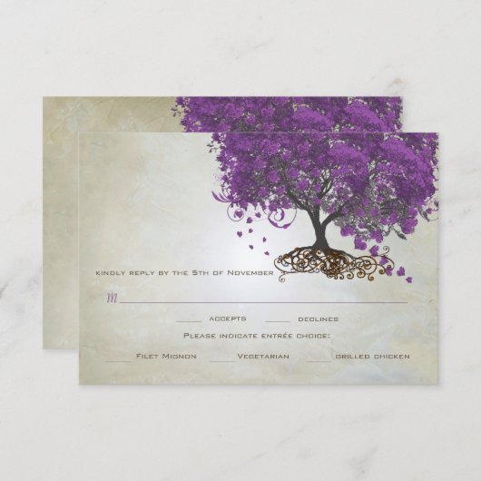 Cartons Réponse Mariage de feuilles de coeur violet invite (Devant / Derrière)