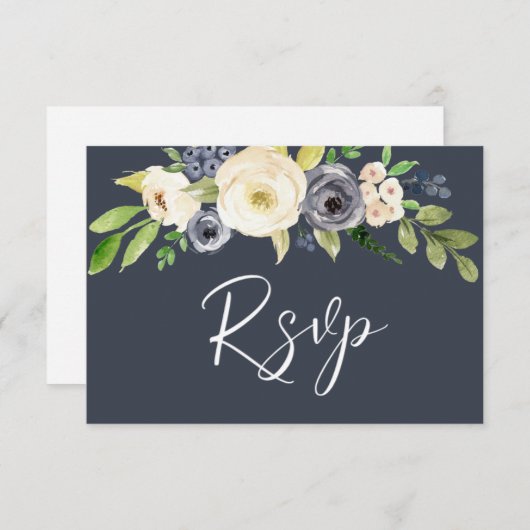 Cartons Réponse Mariage de fleurs d'aquarelle marine et blanche (Devant / Derrière)