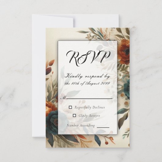 Cartons Réponse Mariage de fleurs d'automne orange et bleu brûlés (Devant)