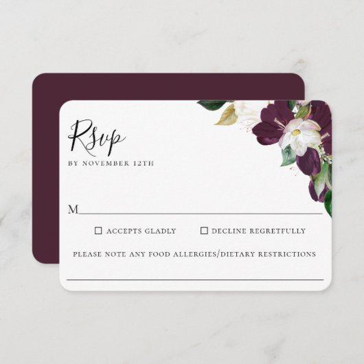 Cartons Réponse Mariage de fleurs d'ivoire pourpre allergie alimen (Devant / Derrière)