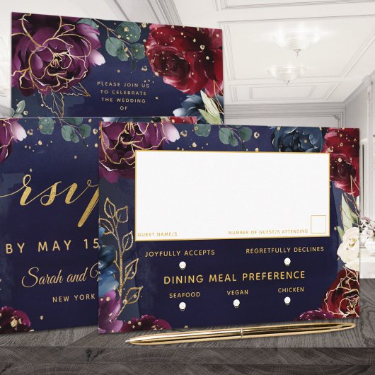 Cartons Réponse Mariage de la marine de Bourgogne 3 choix de repas