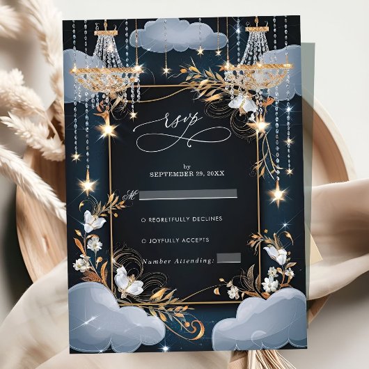 Cartons Réponse Mariage de lustre en or Chic Navy