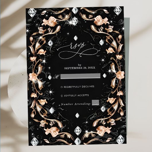 Cartons Réponse Mariage de luxe Black Floral Diamonds