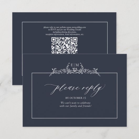 Cartons Réponse Mariage de monogramme de la frontière florale bleu (Devant / Derrière)