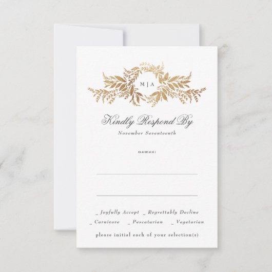 Cartons Réponse mariage de monogramme en or botanique (Devant)