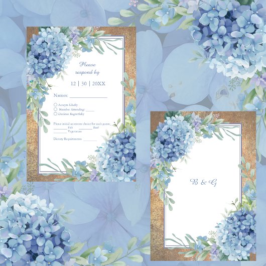 Cartons Réponse Mariage de monogramme romantique Blue Hydrangea