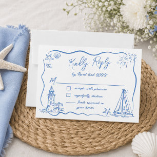 Cartons Réponse Mariage de plage côtier avec gribouillages dessiné