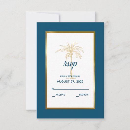 Cartons Réponse Mariage de plage Tropical Ocean Blue Gold Palm Tre (Devant)