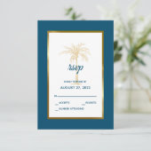 Cartons Réponse Mariage de plage Tropical Ocean Blue Gold Palm Tre (Debout devant)