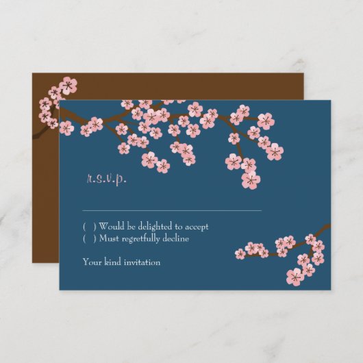 Cartons Réponse Mariage de printemps bleu marine et fleurs de ceri (Devant / Derrière)