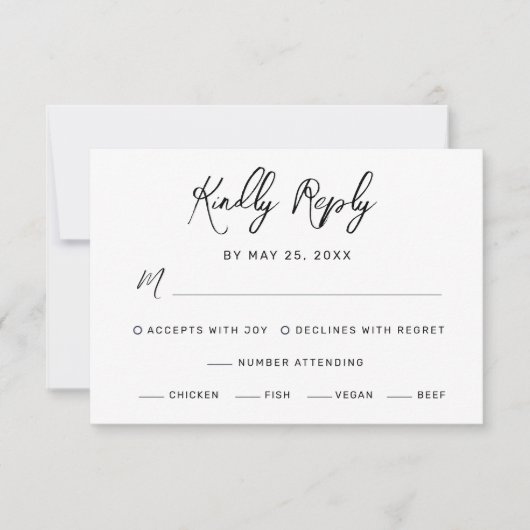 Cartons Réponse Mariage de repas moderne noir blanc main lettres (Devant)