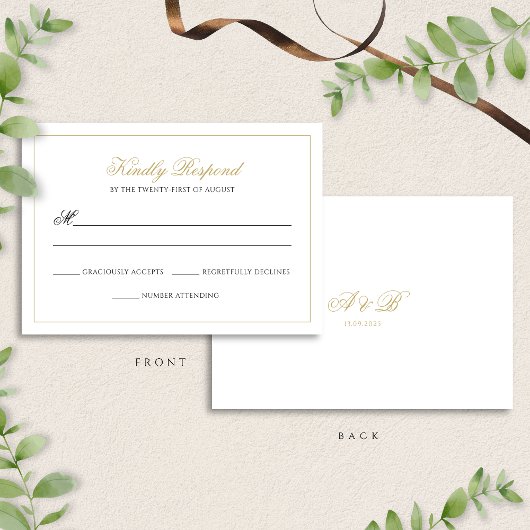 Cartons Réponse Mariage de script de bordure noir et or classique