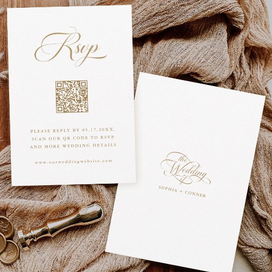 Cartons Réponse Mariage de script élégant Delicate Gold & White