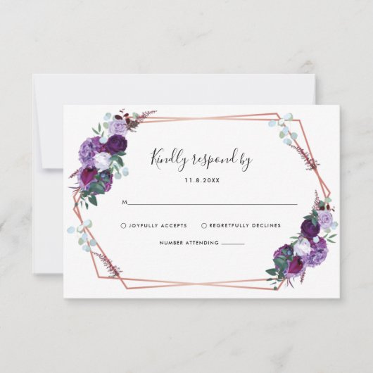 Cartons Réponse Mariage de script floral violet moderne (Devant)