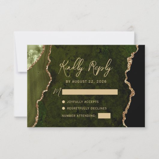 Cartons Réponse Mariage de script Gold Agate vert d'olive (Devant)