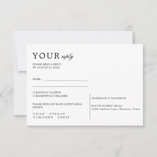 Cartons Réponse Mariage de script noir et blanc minimal (Devant)