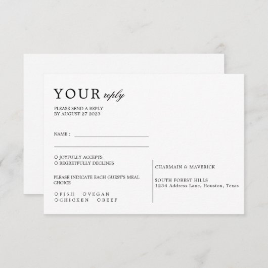 Cartons Réponse Mariage de script noir et blanc minimal (Devant / Derrière)