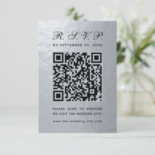 Cartons Réponse Mariage de script noir Faux Silver Foil QR Code (Debout devant)