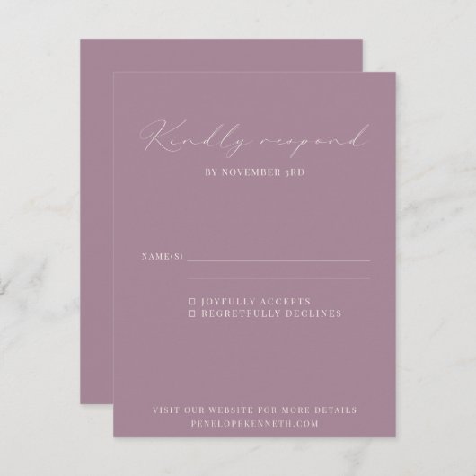 Cartons Réponse Mariage de script violet classique élégant Dusty (Devant / Derrière)