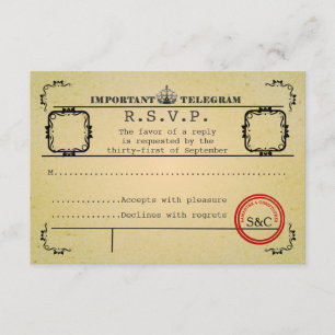 Cartons Réponse mariage de télégramme vintage R.S.V.P
