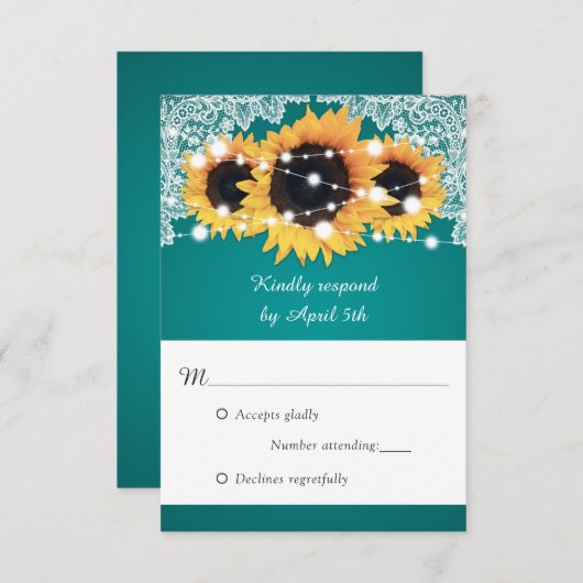 Cartons Réponse Mariage de tournesol Turquoise rustique (Devant / Derrière)