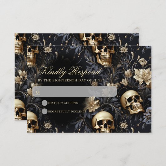 Cartons Réponse Mariage des crânes et des fleurs d'or gothique fon (Devant / Derrière)