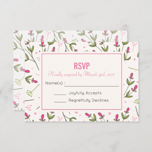 Cartons Réponse Mariage des Fleurs sauvages roses et verts à longu (Devant / Derrière)