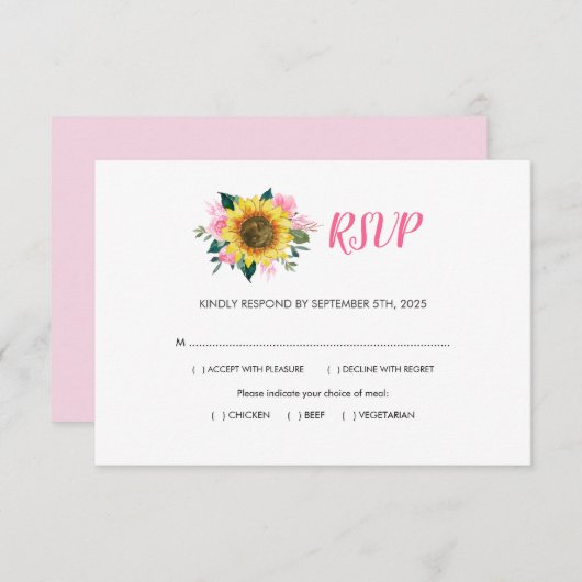 Cartons Réponse Mariage des repas floraux rose tournesol (Devant / Derrière)