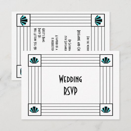 Cartons Réponse Mariage design Art déco bleu (Devant / Derrière)