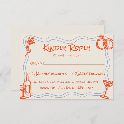 Cartons Réponse Mariage Dessin À La Main Bleu Orange Funky (Devant / Derrière)