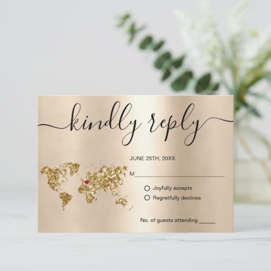 Cartons Réponse Mariage Destination Passport Gold World Map Invita (Debout devant)