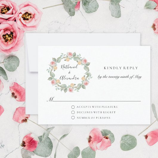 Cartons Réponse Mariage d'été Rose d'aquarelle Wreath