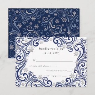 Cartons Réponse Mariage d'hiver aux flocons de neige Navy argentés