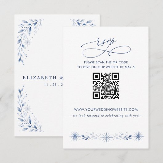Cartons Réponse Mariage d'hiver bleu flocons de neige QR CODE (Devant / Derrière)