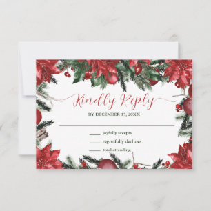 Cartons Réponse Mariage d'hiver Rouge Poinsettia Pine Verdure