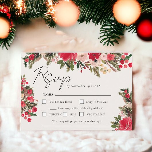 Cartons Réponse Mariage d'hiver rustique rouge vert floral