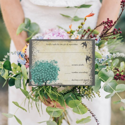 Cartons Réponse Mariage d'oiseau d'amour d'arbre de feuille de coe