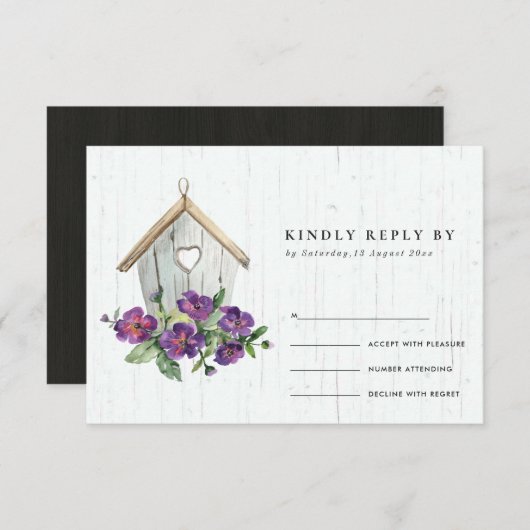 CARTONS RÉPONSE MARIAGE D'OISEAUX FLORAUX EN BOIS BLANC RUSTIQUE R (Devant / Derrière)