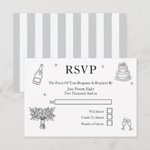 Cartons Réponse Mariage Doodles Fantaisistes Gris et Blanc