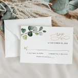 Cartons Réponse Mariage d'or simple Feuille Eucalyptus<br><div class="desc">Conçue pour coordonner avec notre collection Boho Greenery Gold mariage,  cette carte RSVP personnalisable,  dispose d'une branche d'eucalyptus aquarelle avec texte calligraphique,  associée à un serif élégant et une police sans caractère moderne en noir. Éléments correspondants disponibles.</div>