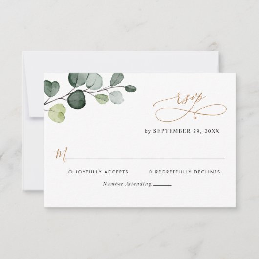 Cartons Réponse Mariage d'or simple Feuille Eucalyptus (Devant)