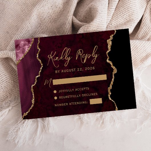 Cartons Réponse Mariage écriture dorée agate rouge de Bourgogne