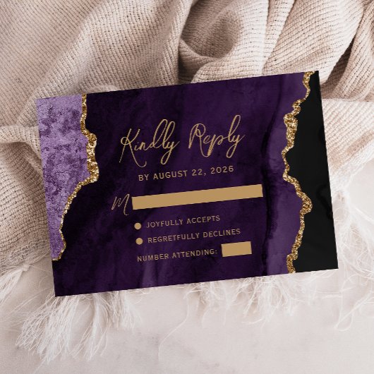 Cartons Réponse Mariage écriture dorée Agate Violet