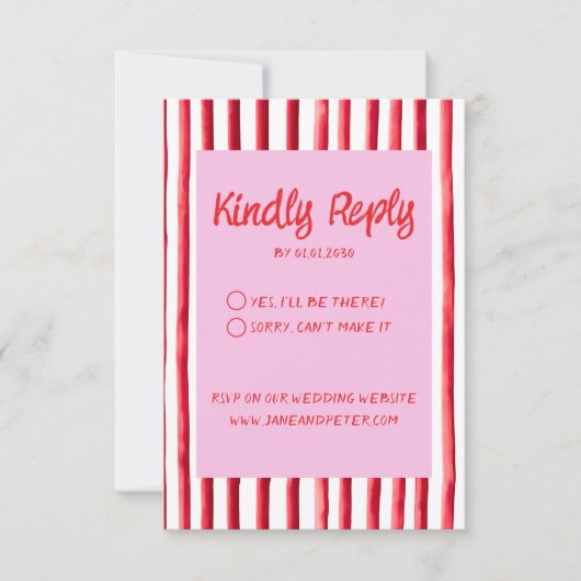 Cartons Réponse Mariage écriture manuscrite rose et rouge rayée (Devant)