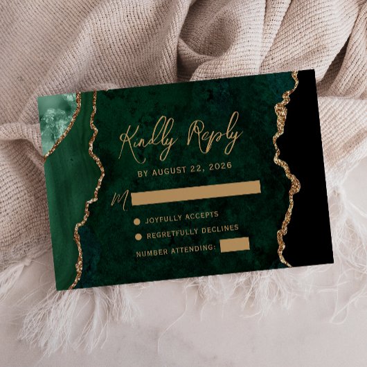 Cartons Réponse Mariage Écriture Or Agate Vert Émeraude